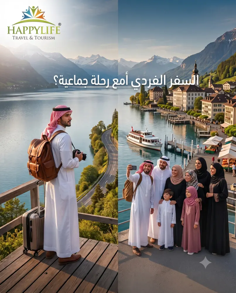 مقارنة بين السفر الفردي أو رحلة جماعية مجموعة الحياة السعيدة